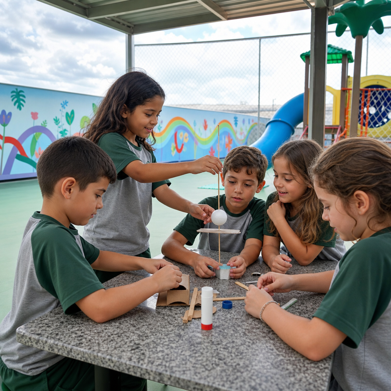 Alunos do Ensino Fundamental I colaborando em uma atividade prática no espaço escolar